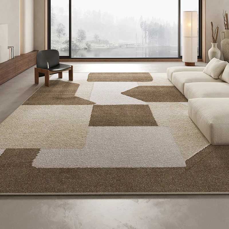 VIKAMA Modern Minimalist Geometric Pattern Large-Area Living Room Rug Super Anti-Slip Creative Art Beige And Brown Bedroom Mat l250702