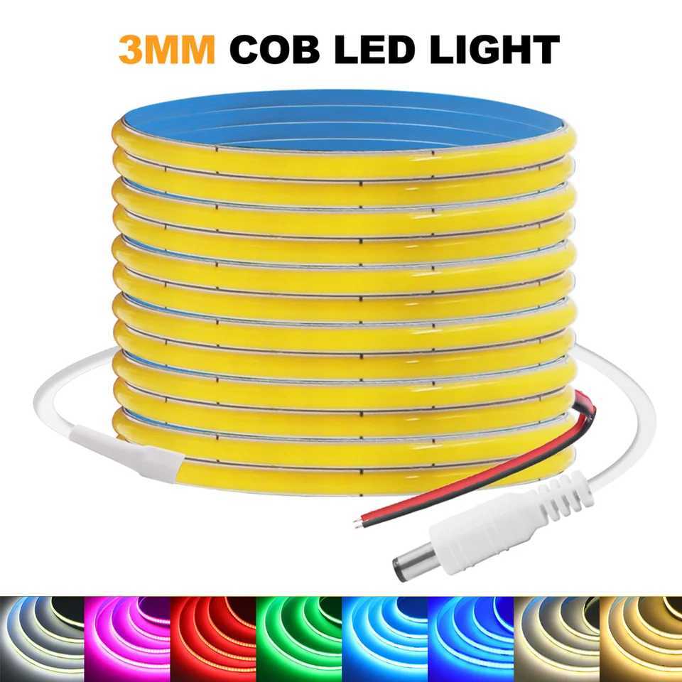 3mm Ultra Thin COB LED Strip Light 5V 12V 320 LEDs/m High Density Flexible Tape Ribbon White/Ice Blue/Pink/Red RA90 LED Lights W250701