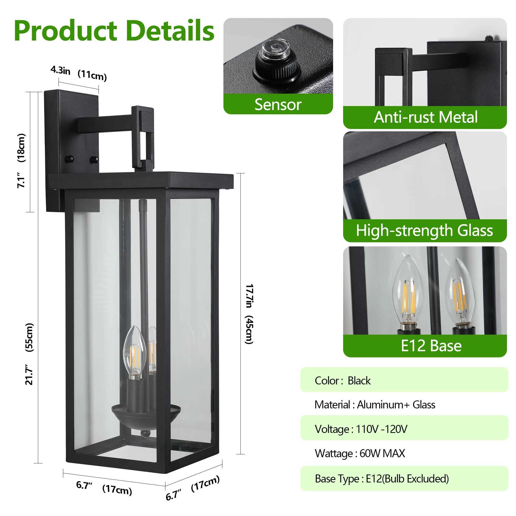 22(H) Outdoor Wall Lantern with Dusk to Dawn Sensor Matte Black Finish Clear Glass Panels Weatherproof Exterior Light XJ250624