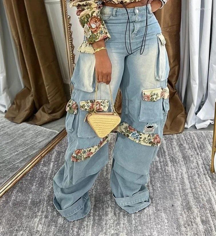 womens two piece pants bwq washed denim set full sleeve floral jacket and pockets cargo jeans suit 2025 street 2 outfit