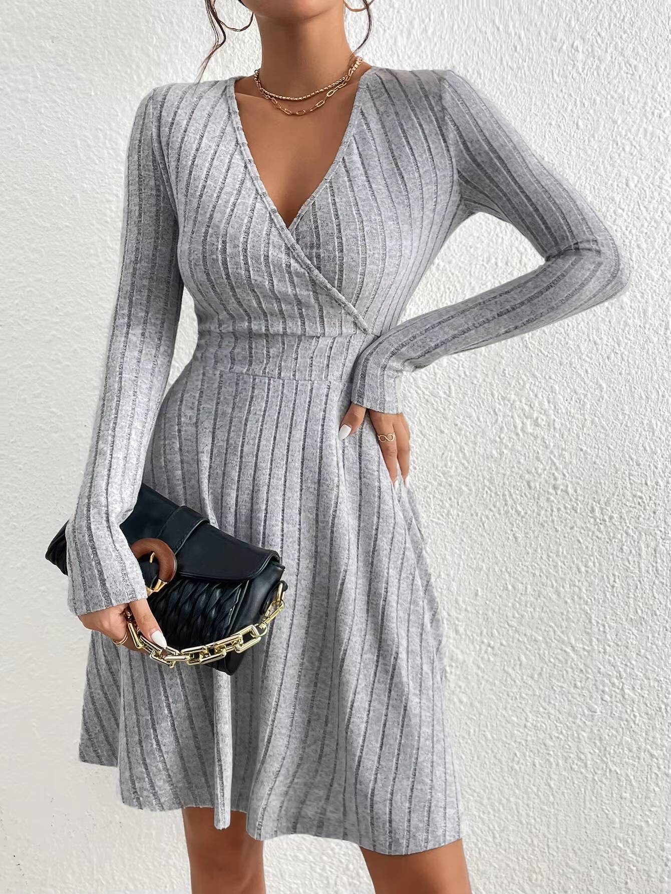 New for autumn/Winter 2024 Women Knit Slim Sexy Bodycon V-Neck Long Sleeve Solid Casual Midi Sweater Dress ddmysept ddmysept ddmysept