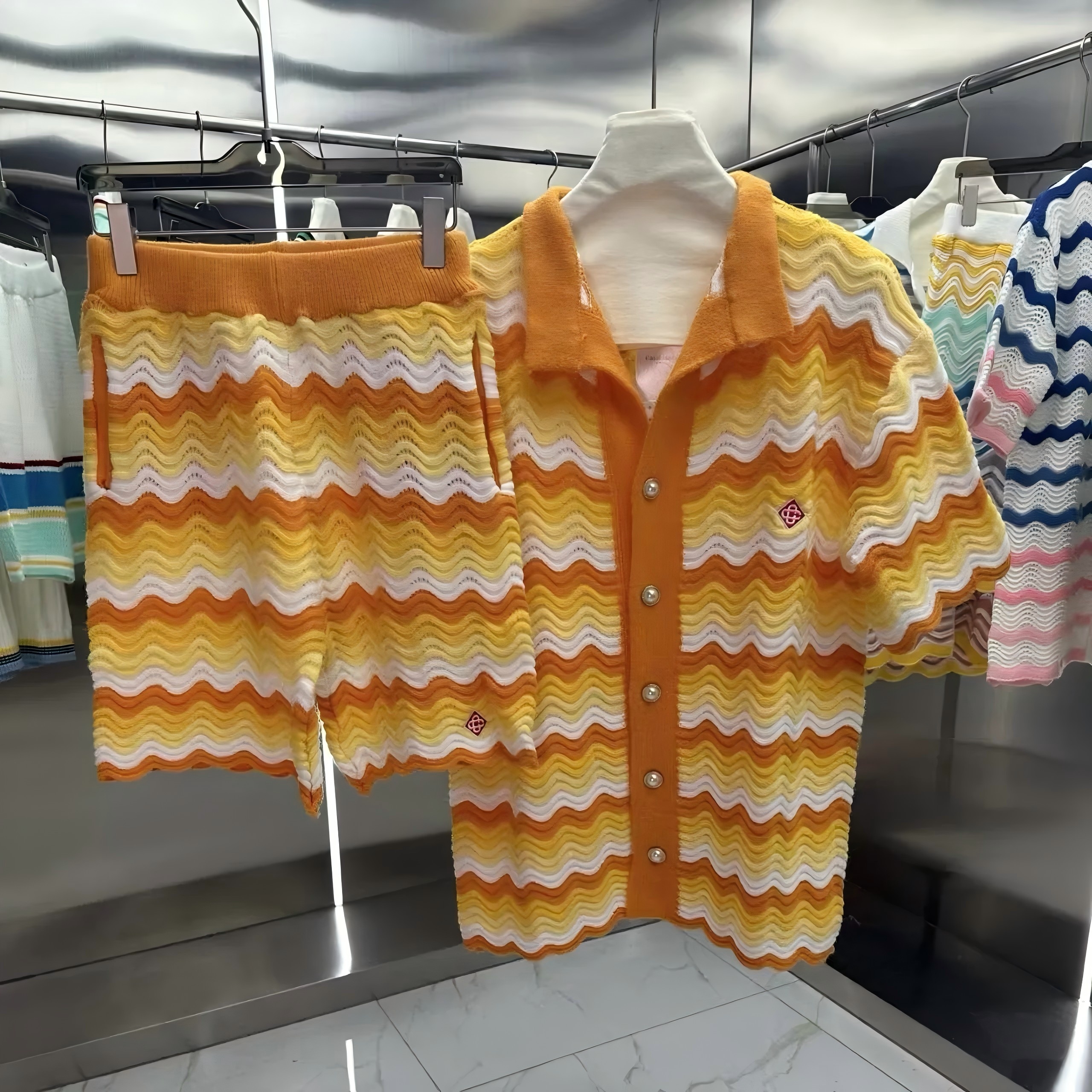 Casas blanca Spring and summer new color-blocked striped woven knitted short-sleeved set sweater men and women loose button up shirt hawaiian ourwear tops sweaters