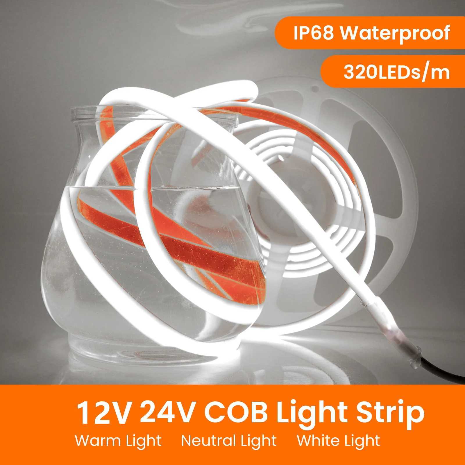 COB LED Strip 12V 24V IP68 Waterproof High Density 320LEDs/m Flexible COB LED Tape Neon Light White Red Green Blue Pink Yellow W250701