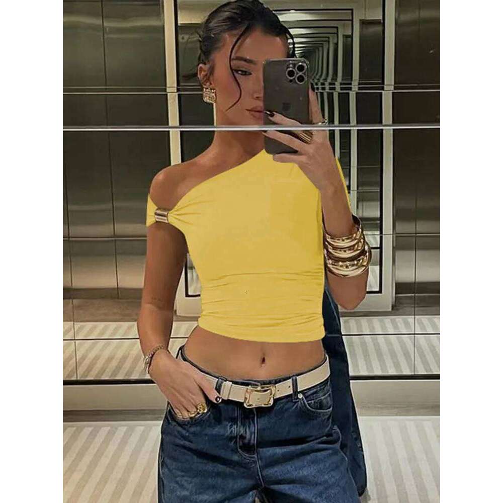 hoodie Wear Skew Collar Short Sleeves Ruched Metal T-Shirt Women's Solid Casual Elegant Y2k Tops Club Street Summer jacket