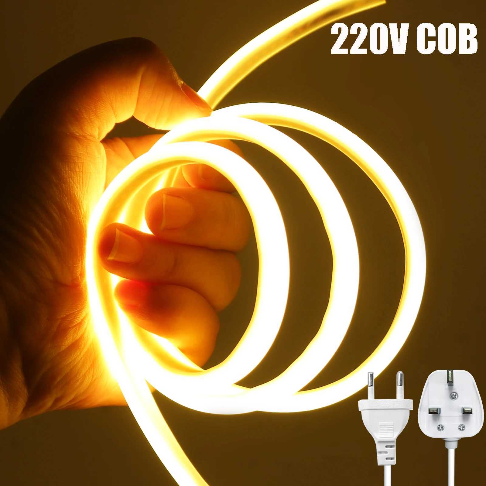 220V LED Strip with Power EU UK Plug COB LED Strip Flexible Ribbon RA90 IP65 Waterproof for Room Kitchen Outdoor Garden Lighting W250701