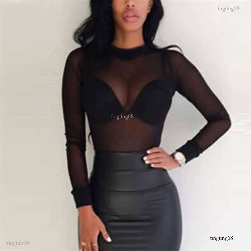 Sexy Women Blouses See Through Transparent Mesh Stand Neck Long Sleeve Sheer Blouse Shirt Ladies Tops Tee Plus Size 210607