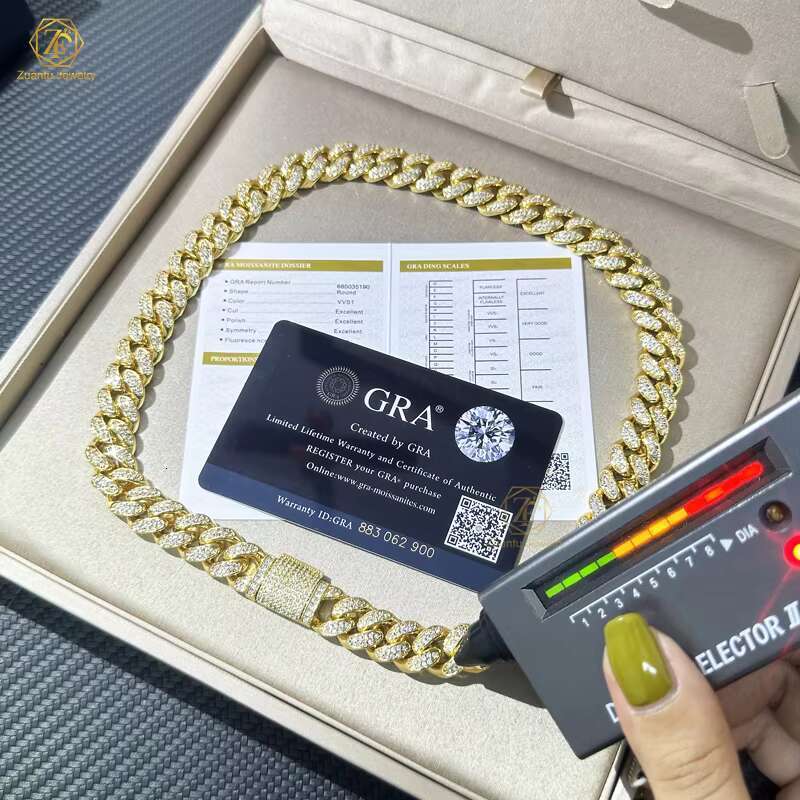 Hip Hop Jewelry Customization Cuban De 10mm 10k 14k 18k Gold Mossinate Diamond Cuban Chain 2 Row Stone Miami Cuban Link Chain