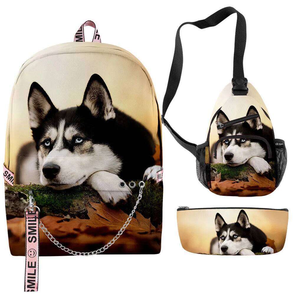 Novelty Creative Cool Husky 3D Print 3pcs/Set School Bags multifunction Travel Backpack Chest Bag Pencil Case