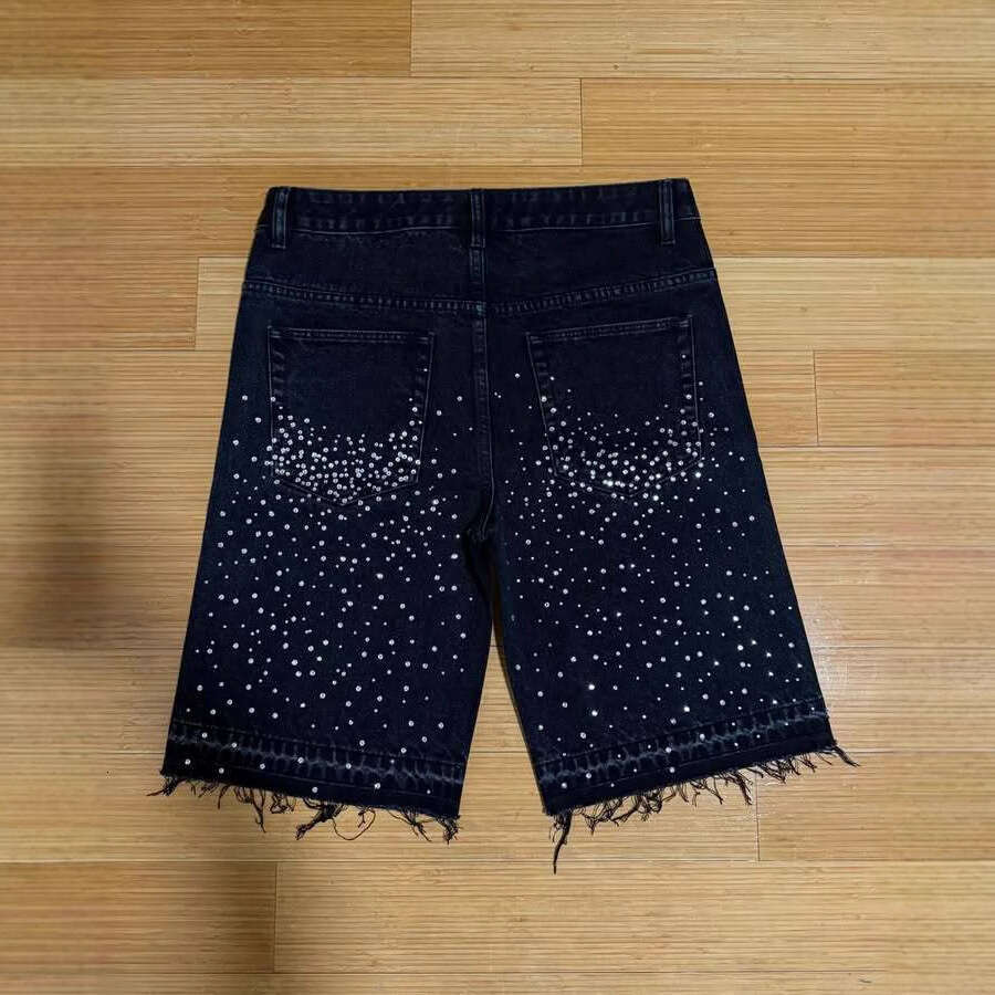 Rhinestone Irregular Denim Shorts Harajuku Hip Hop Street Style Unisex Black Loose Straight Leg Jeans