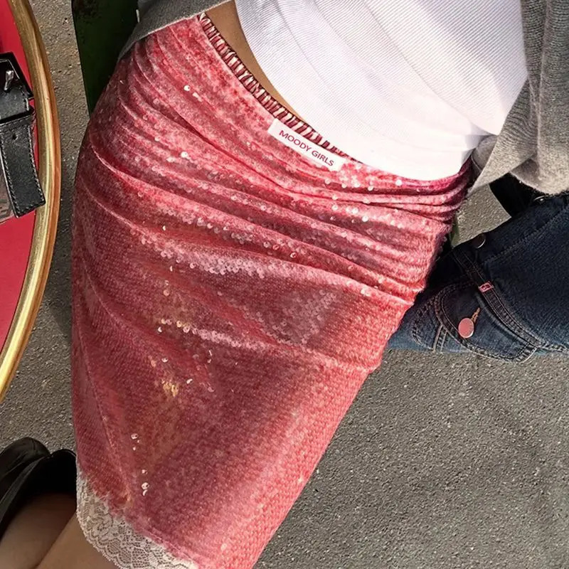 Vintage Sweet Pink Sequin Skirt for Women Simple Slim Fit Bodycon Skirts Summer All-match Faldas Sexy Mujer 250624