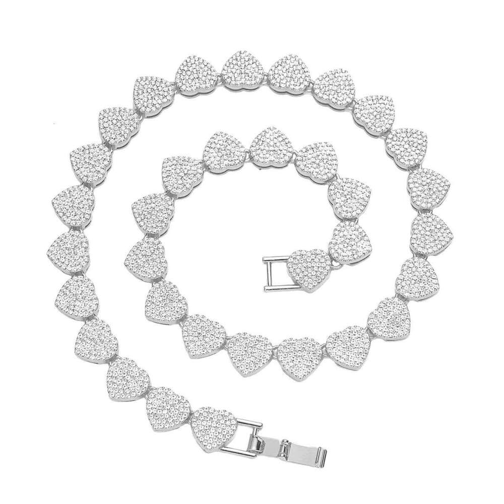 Alloy Jewelry 13mm Heart Full Dia Unisex Inlaid Necklace Trendy Cool Hip-Hop Style Chain Accessory 8c1