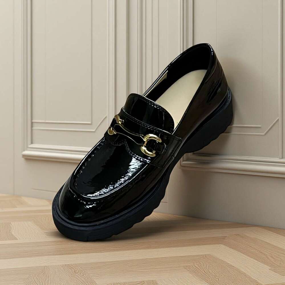 Stylish Platform Patent Leather Loafers - Classic Black with Metal Buckle Decorative Comfortable Casual Shoes Okimoz