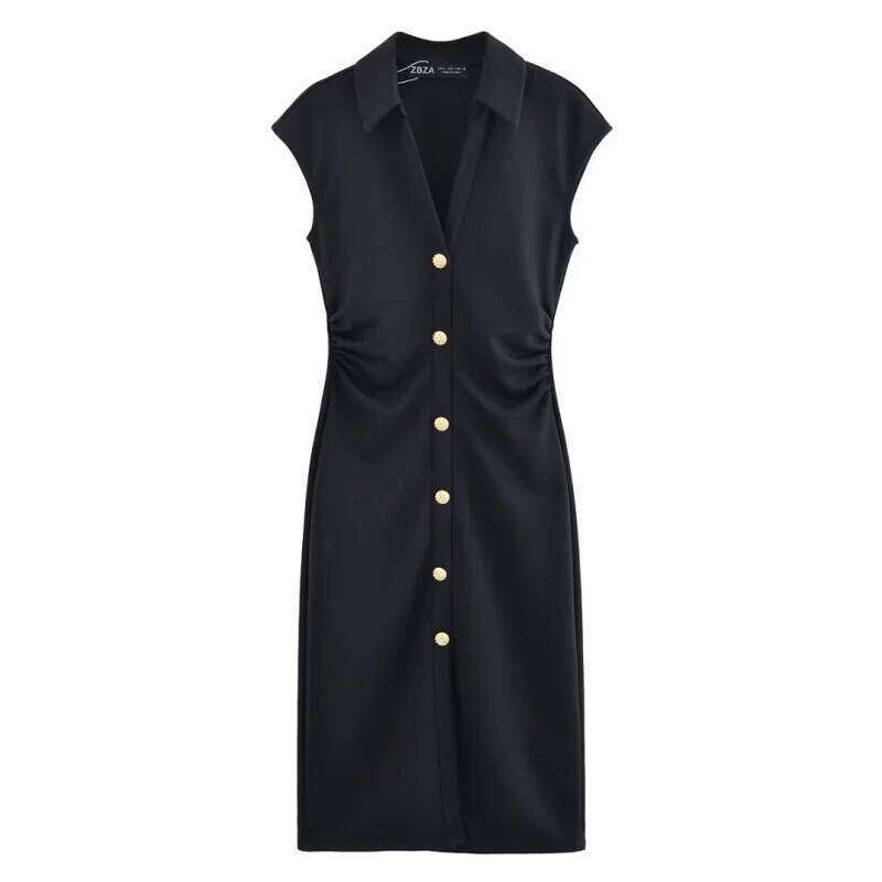 hoodie Women's Wear ETJ Spring And Summer New TRAF Women's Elegant Fashion Bead Cloth Shirt-Style Short-Sleeved V-Neck Slim-Fit Dress Long S