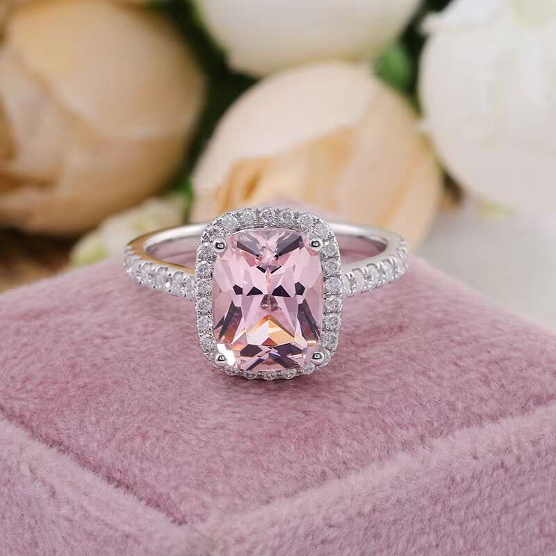 3ct 9x7mm Elongate Cushion Brilliant Cut Morganite Engagement Ring with Moissanite halo in 18 Solid White Gold