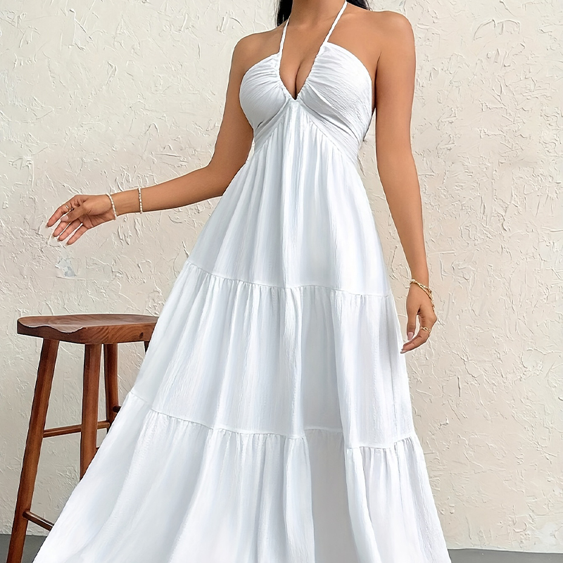Women's French Summer Style Long-Dress - High-End Vacation Wear With V-Neck & Open Back Detailing