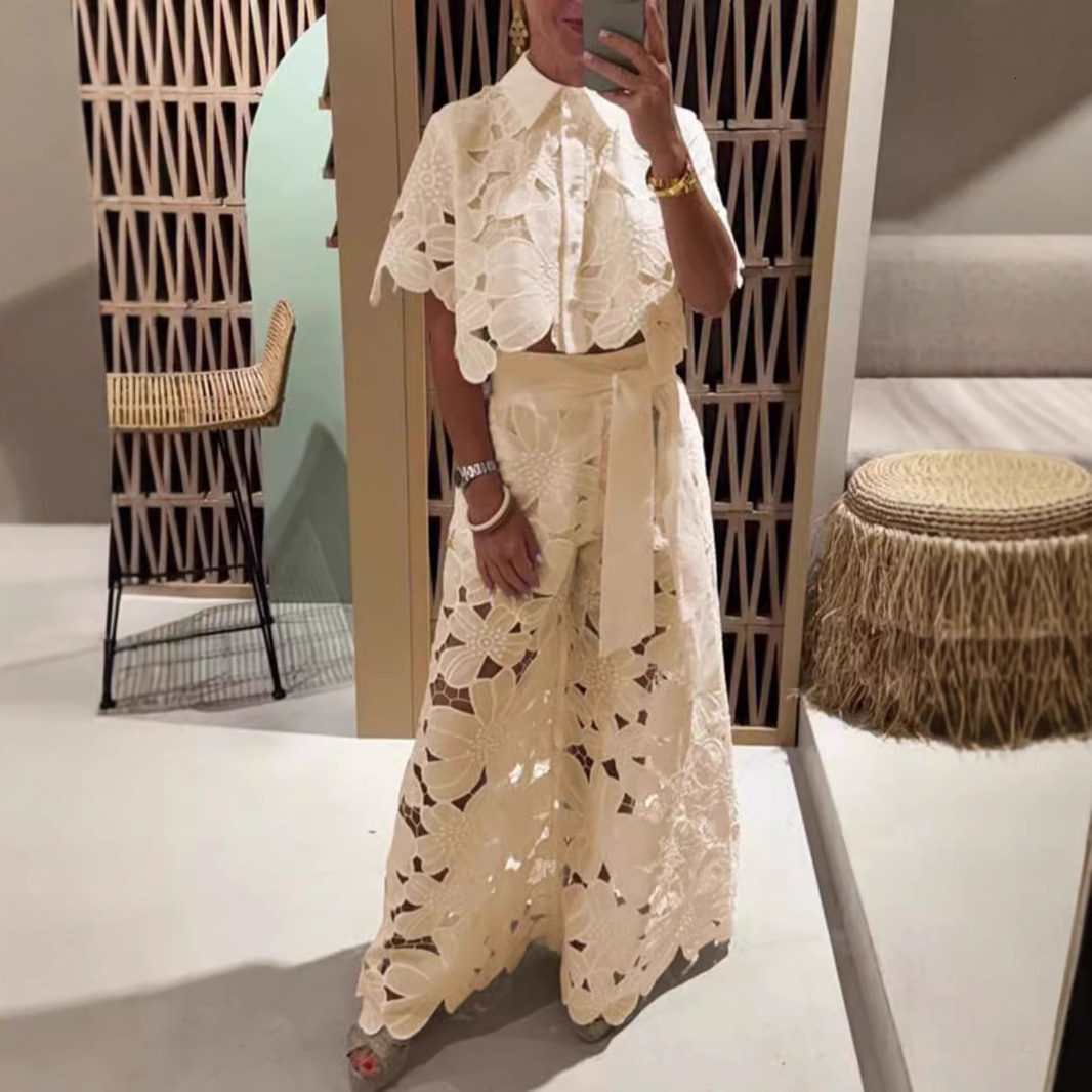 2025 Summer New Solid Color Sexy Hollow Open Top Wide Leg Pants Two Piece Set for Women 240315