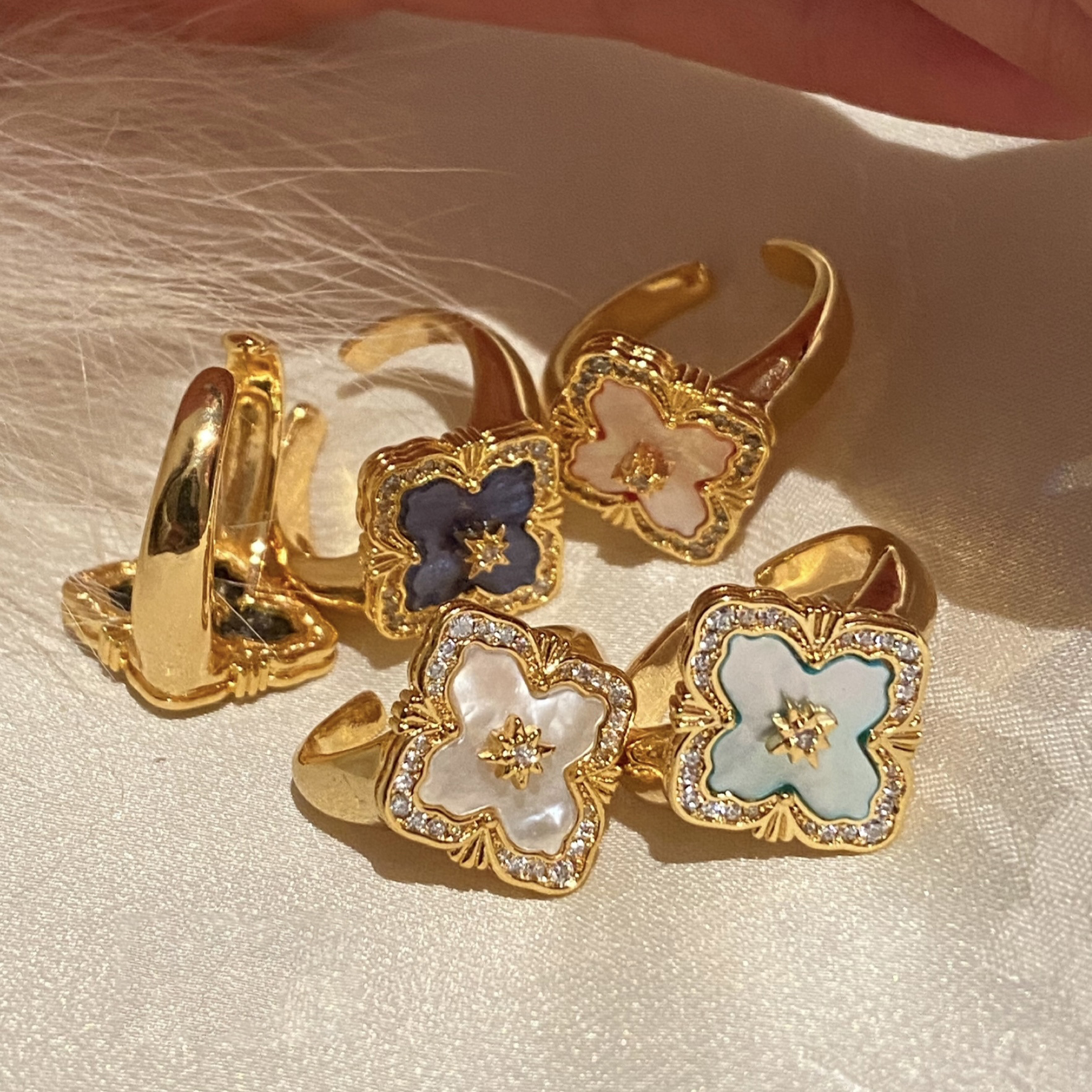 Gold - Tone Ring With Mother - Of - Pearl And Rhinestone Accents, Elegant Party Jewelry And Gift For Her, High - Quality Stylish Jewelry
