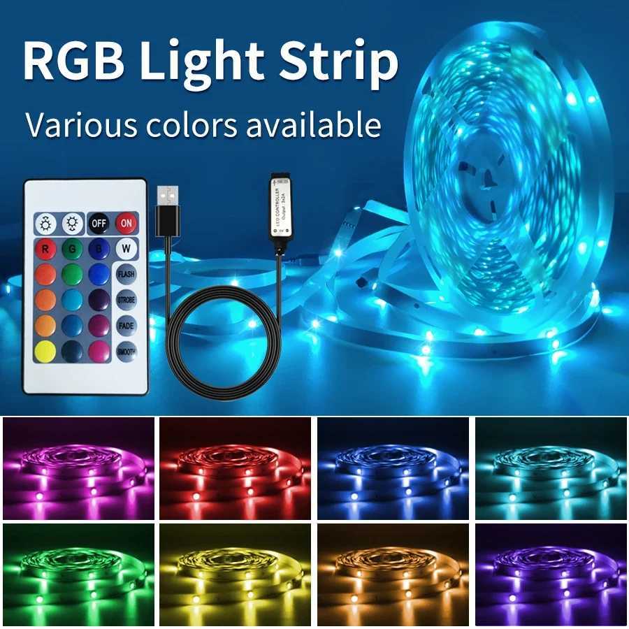 RGB LED Strip Light with IR 24 Key Remote Control Flexible LED Tape Lamp USB 5V 5050SMD 30/60LED/M 5M Room TV Decor Backlight W250701