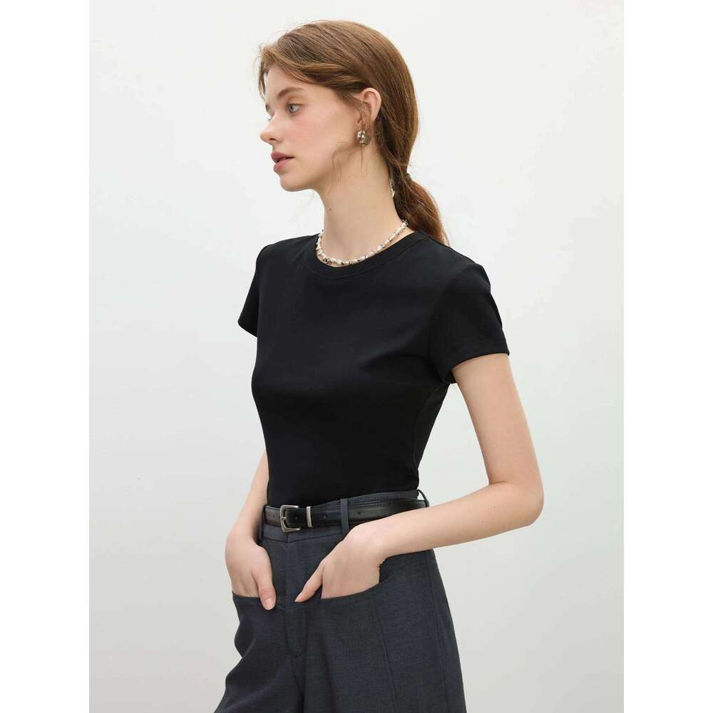 hoodie Wear FSLE Minimalism Style Pink Straight Shoulder Short-Sleeved T-Shirt For Women Summer New Slim Fit Round Neck Top 25Fs12113 jacket