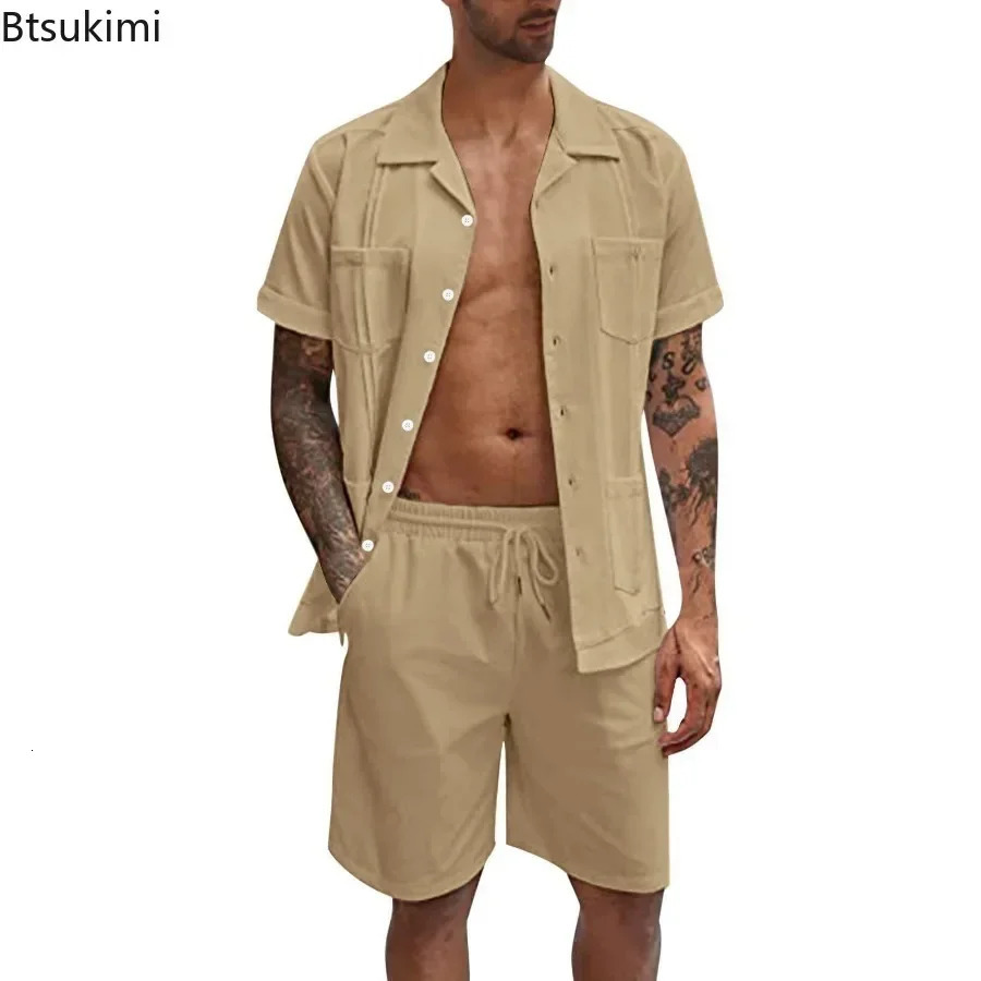 Mens Summer Casual Sport 2 Piece Sets Fashion Cotton Linen Short Sleeve Shirt and Shorts Suit Men Loose Outfits 250624