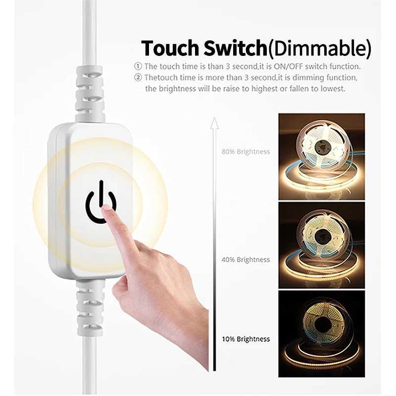 1-5M COB LED Strip Light USB Power Touch Switch Dimmable For Indoor Lighting Living Room Bedroom Wardrobe TV Background Kitchen W250701