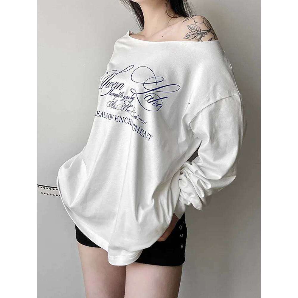 hoodie Wear Y2k Aesthetic Casual Off Shoulder T-Shirt Loose Letter Printing Haruku Tshirts Grunge Vintage Streetwear Tee Shirts jacket