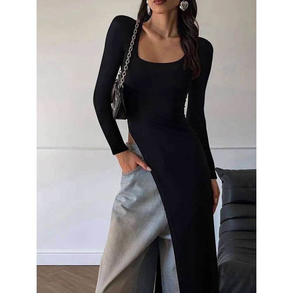 hoodie Wear Solid Unique Women Tops Classic Concise Autumn Full Sleeve U-Neck Skinny Splited Super-Long Tees Popular New Wild T-Shirts jacket