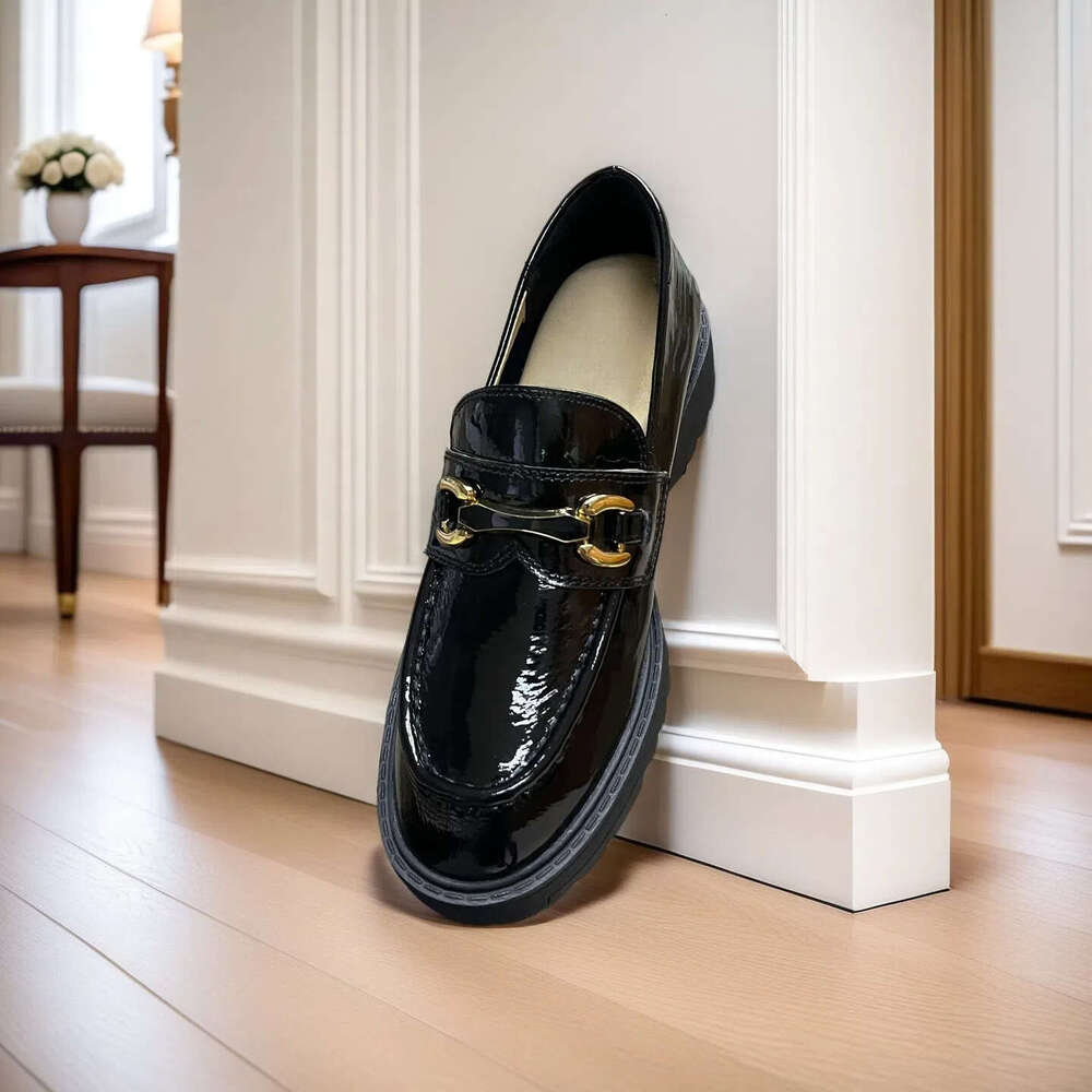 Stylish Platform Patent Leather Loafers - Classic Black with Metal Buckle Decorative Comfortable Casual Shoes Okimoz