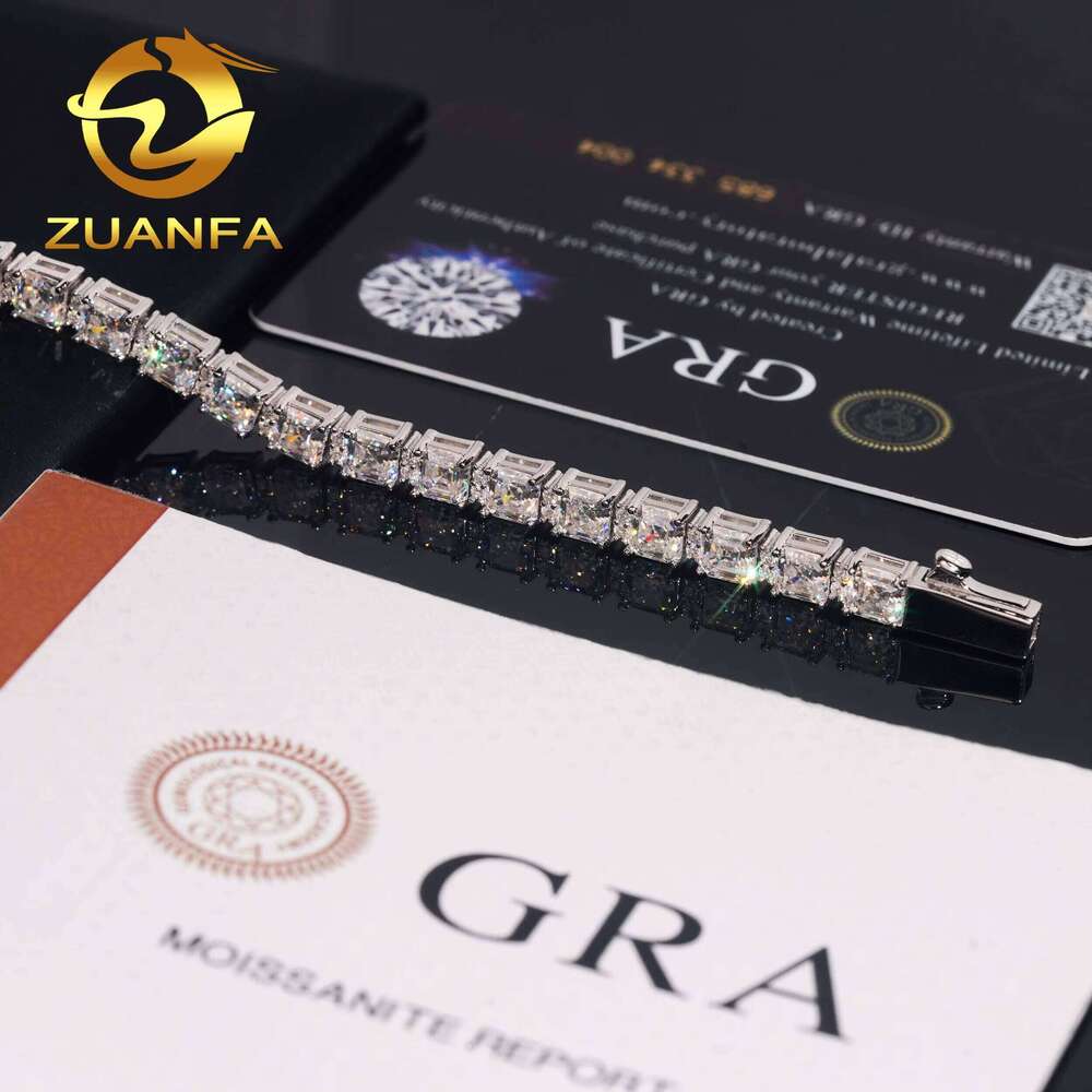 Hip Hop Silicon Stone Jewelry 5 5Mm Asscher Cut Ice For Women And Men Sier Tennis Bracelet Passes Tester