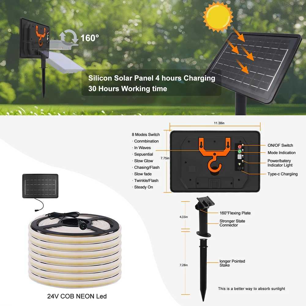 LED Neon Light Strip Solar 24V Waterproof 8 Modes 320LEDs/m Flexible Lamp IP68 Party Garden Outdoor Decoration 0.5m 1m 2m 3m 5m W250701