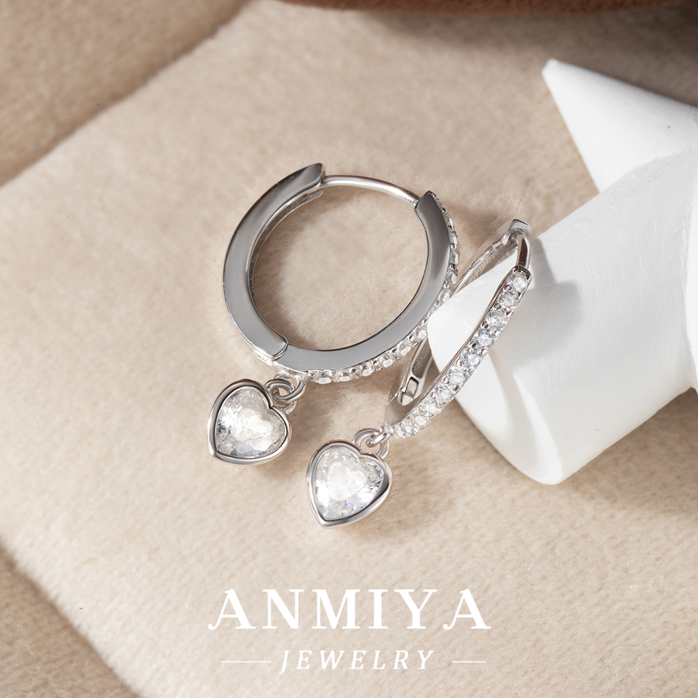 Hypoallergenic Silver 925 Hoop Earrings with Heart Zircon Pendant for Women' Office