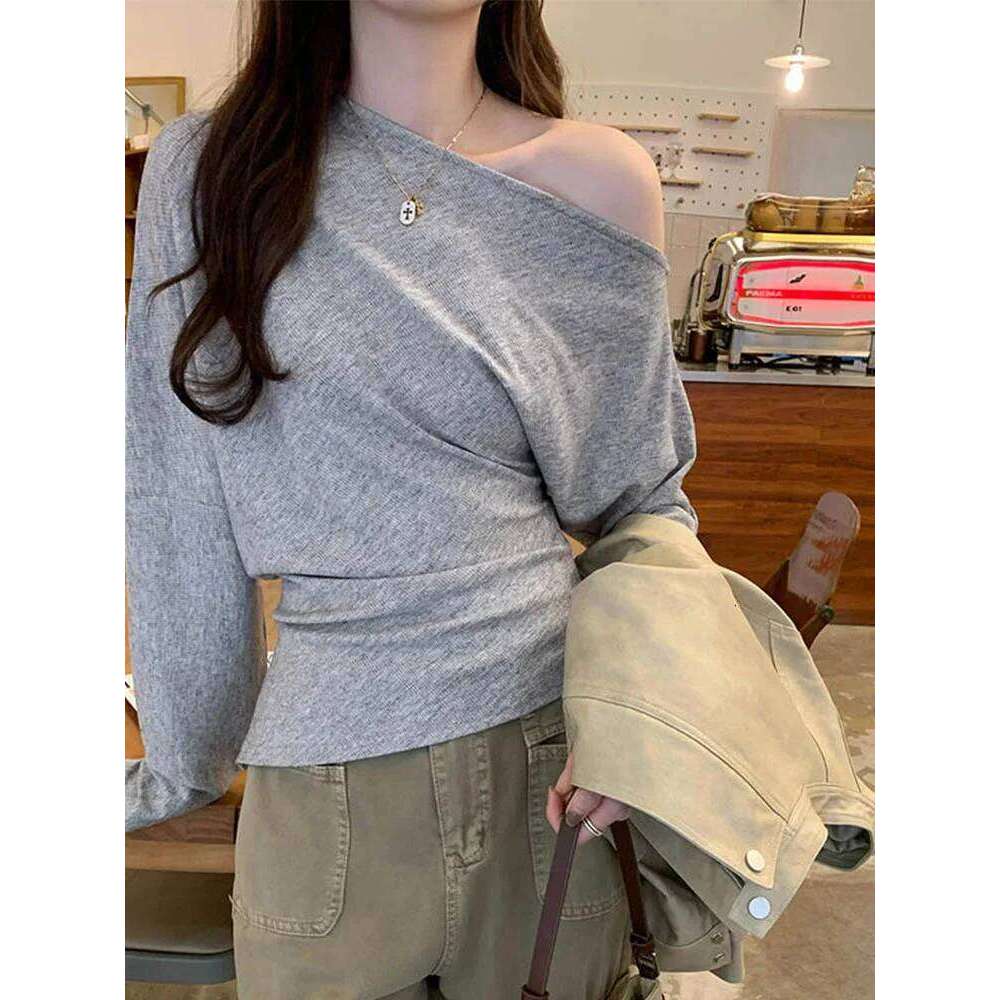 hoodie Wear Spring Summer Slash Neck White Women's T-Shirts New Long Sleeve Korean Split Casual Loose Bottom Knit Tops Tee Female jacket