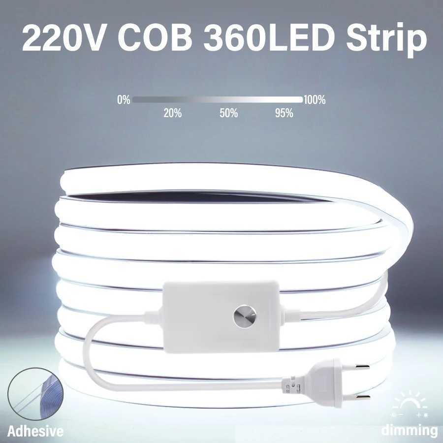 220V EU Plug COB LED Strip Light 360LEDs/m RA90 Flexible LED Strip Outdoor Lamp Waterproof Tape Kitchen Home Room Decoration W250701