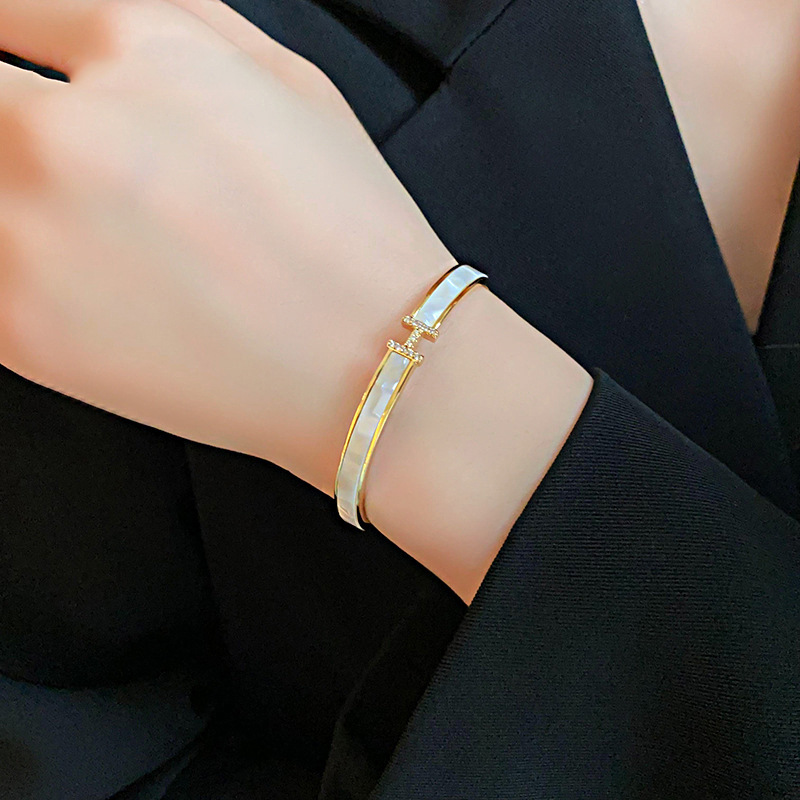 Gold Tone Letter Shaped Bangle Bracelet With Accents Stylish Birthday Jewelry Gift For Her High Quality And Chic Accessory