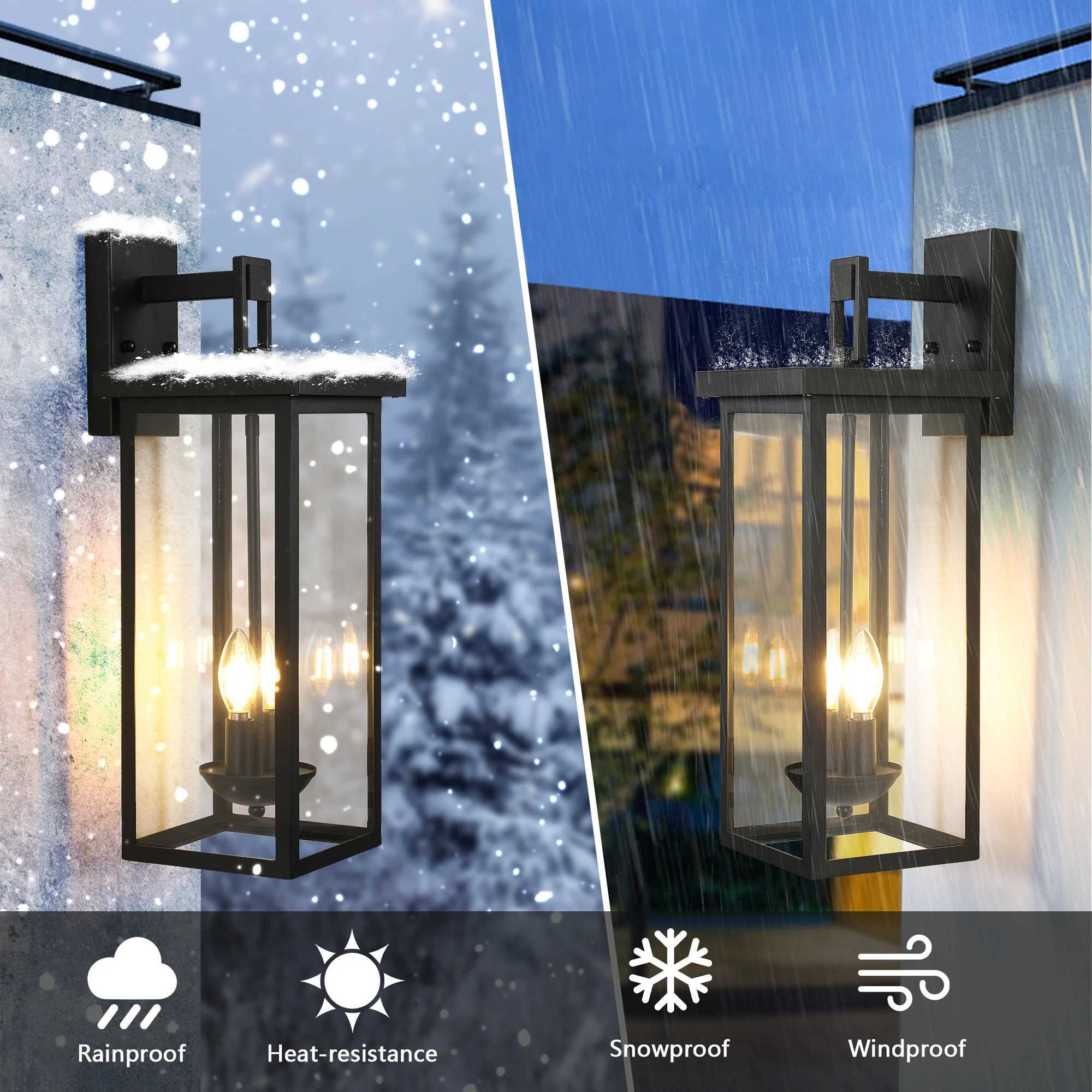 22(H) Outdoor Wall Lantern with Dusk to Dawn Sensor Matte Black Finish Clear Glass Panels Weatherproof Exterior Light XJ250624