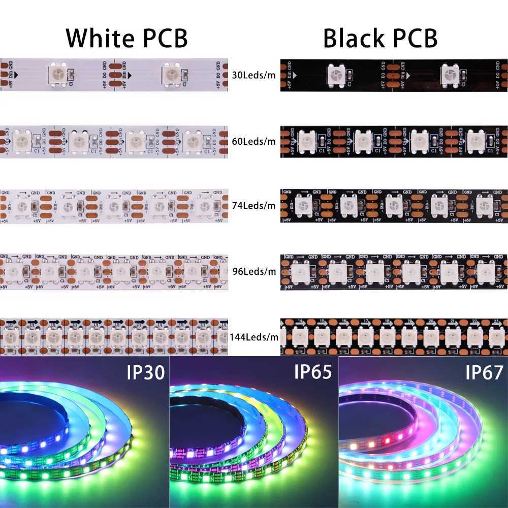 WS2812B RGB LED Strip WS2812 5050 Individually Addressable Smart Lights 30/60/74/96/144/Leds/Pixels White Black PCB DC5V W250701