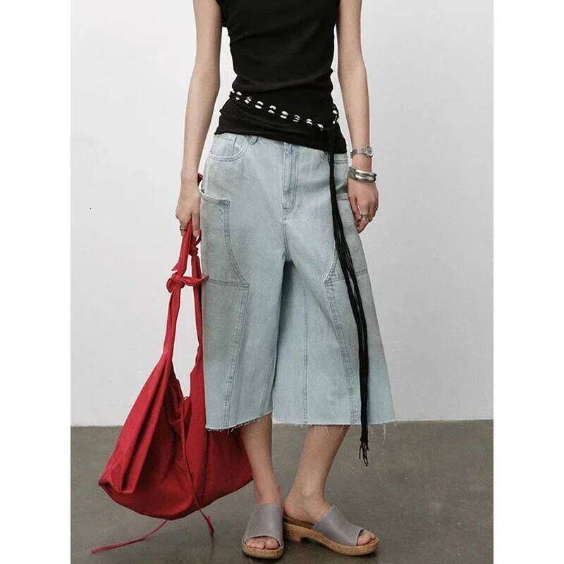 hoodie Wear American Vintage Y2k 2000S Blue Cargo Jeans Women Haruku Oversized Baggy Pants Summer Streetwear Retro Denim Shorts jacket