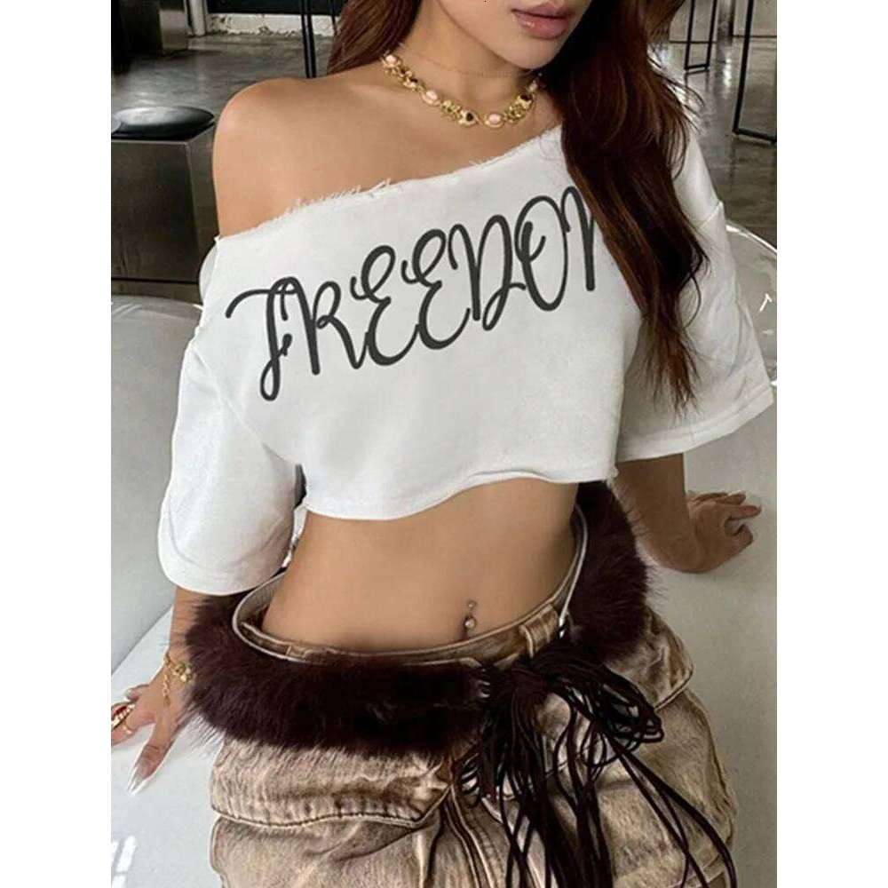 hoodie Wear Loose Letter Print Mini T-Shirt Women Summer Trend Biased Collar Versatile Street Skinny Simple Classic Party Daily Tops jacket