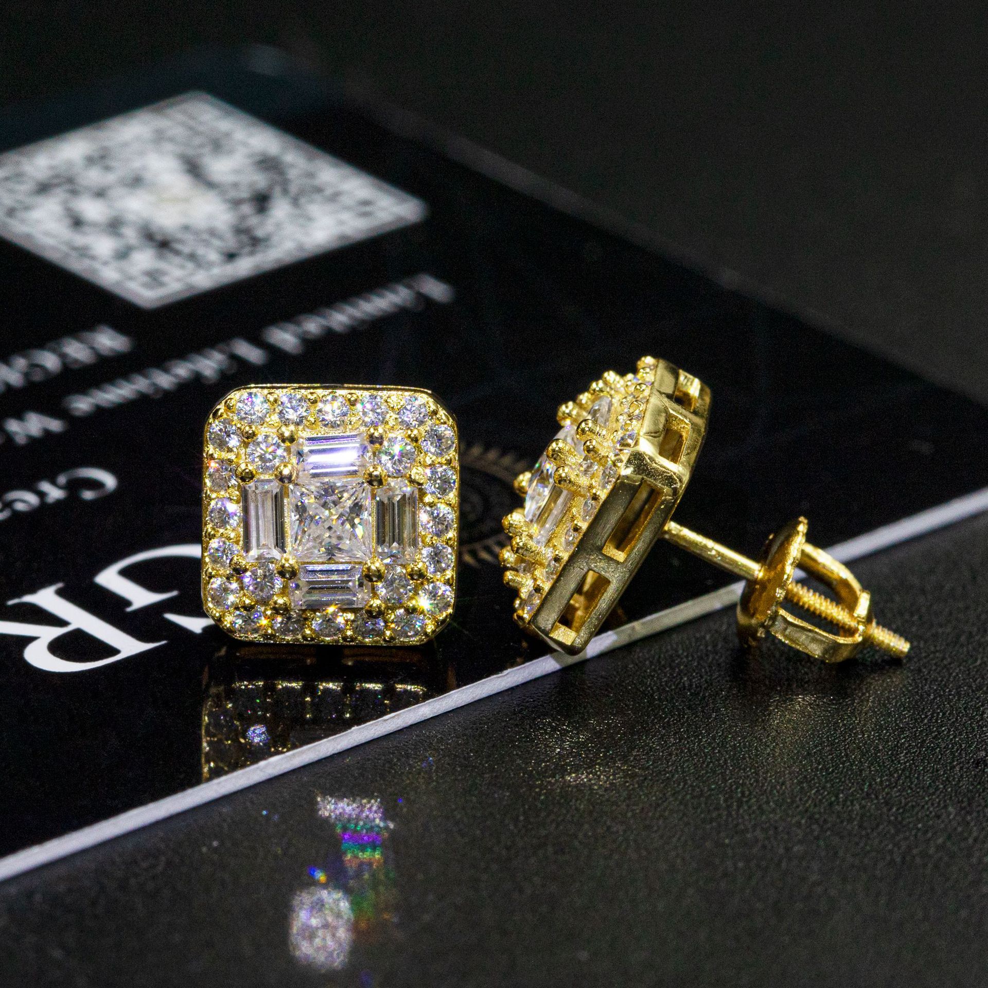 Fashion Fire Jewelry Men Iced Out Hip Hop Sterling Silver 10mm square Shape Screw Back Moissanite Diamond Stud Earrings