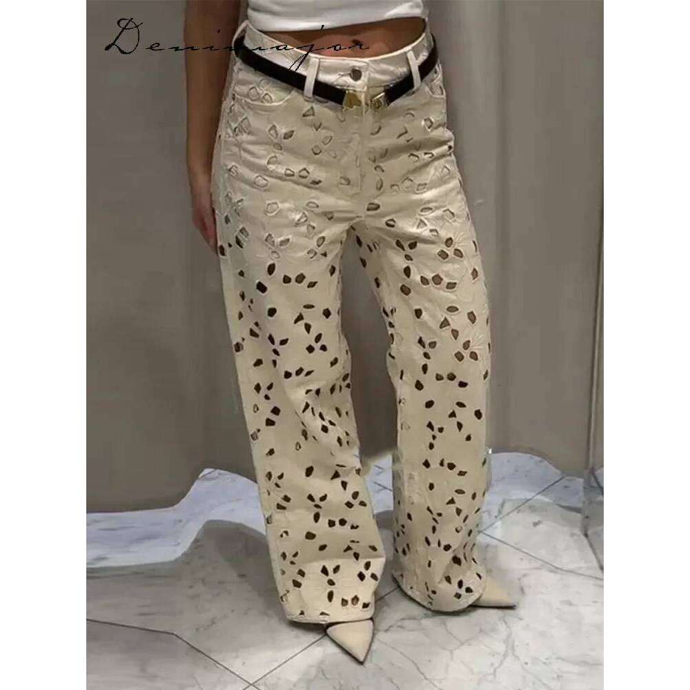 hoodie Wear Sexy Hollow Out Jean Women White Flower Baggy Hole Zipper Pocket Straight Long Pants Female Summer Elegant Lady Streetwears jacket