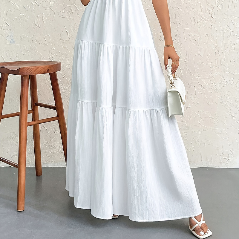 Women's French Summer Style Long-Dress - High-End Vacation Wear With V-Neck & Open Back Detailing