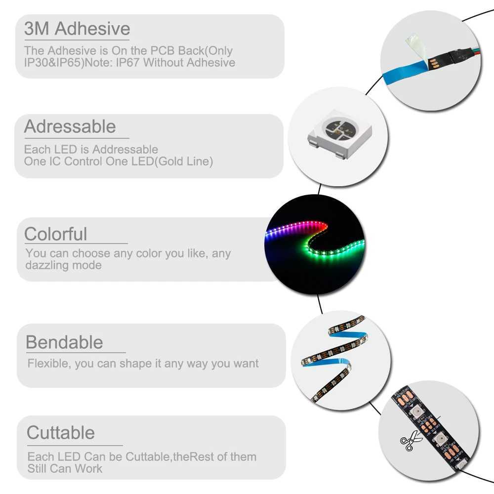 DC5V WS2812B 5050 RGB Smart Pixels LED Strip Light 30/60/74/96/144 LEDs/m WS2812 Individually Addressable LED Light IP30/65/67 W250701
