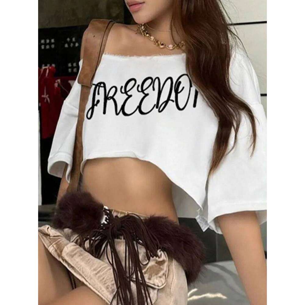 hoodie Wear Loose Letter Print Mini T-Shirt Women Summer Trend Biased Collar Versatile Street Skinny Simple Classic Party Daily Tops jacket