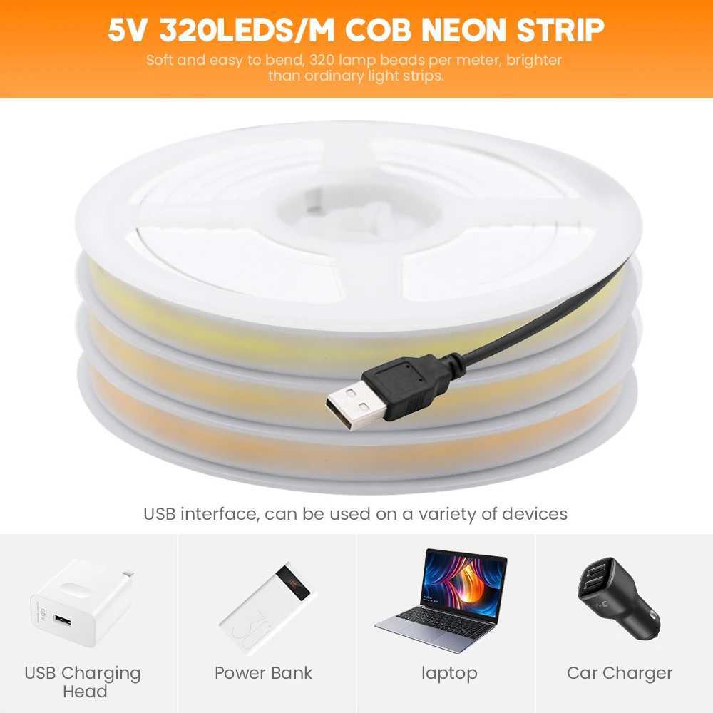 5V USB COB LED Strip Neon Light High Brightness 320 LEDs/M IP67 Waterproof Flexible Ribbon Tape for Garden Bedroom TV BackLight W250701