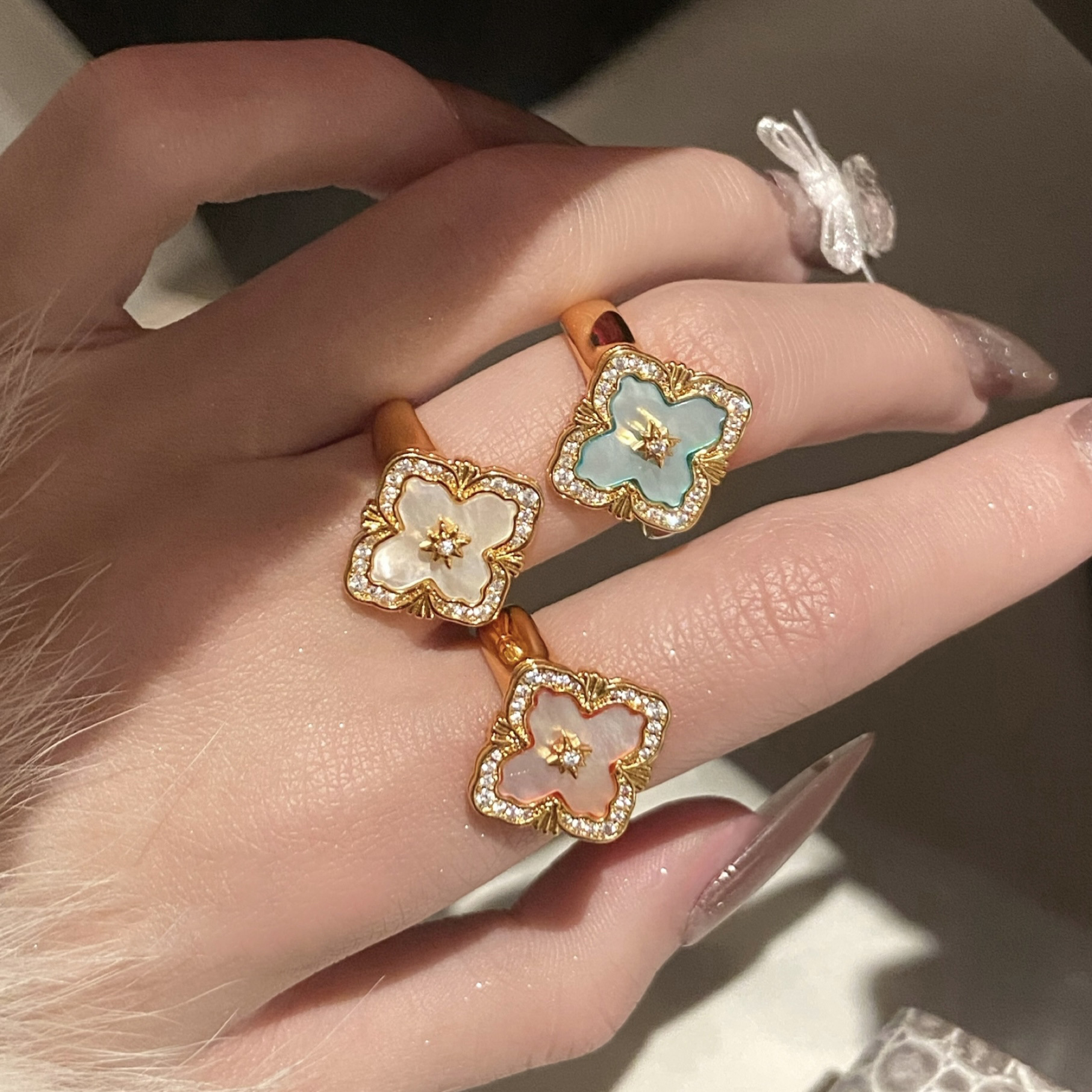 Gold - Tone Ring With Mother - Of - Pearl And Rhinestone Accents, Elegant Party Jewelry And Gift For Her, High - Quality Stylish Jewelry