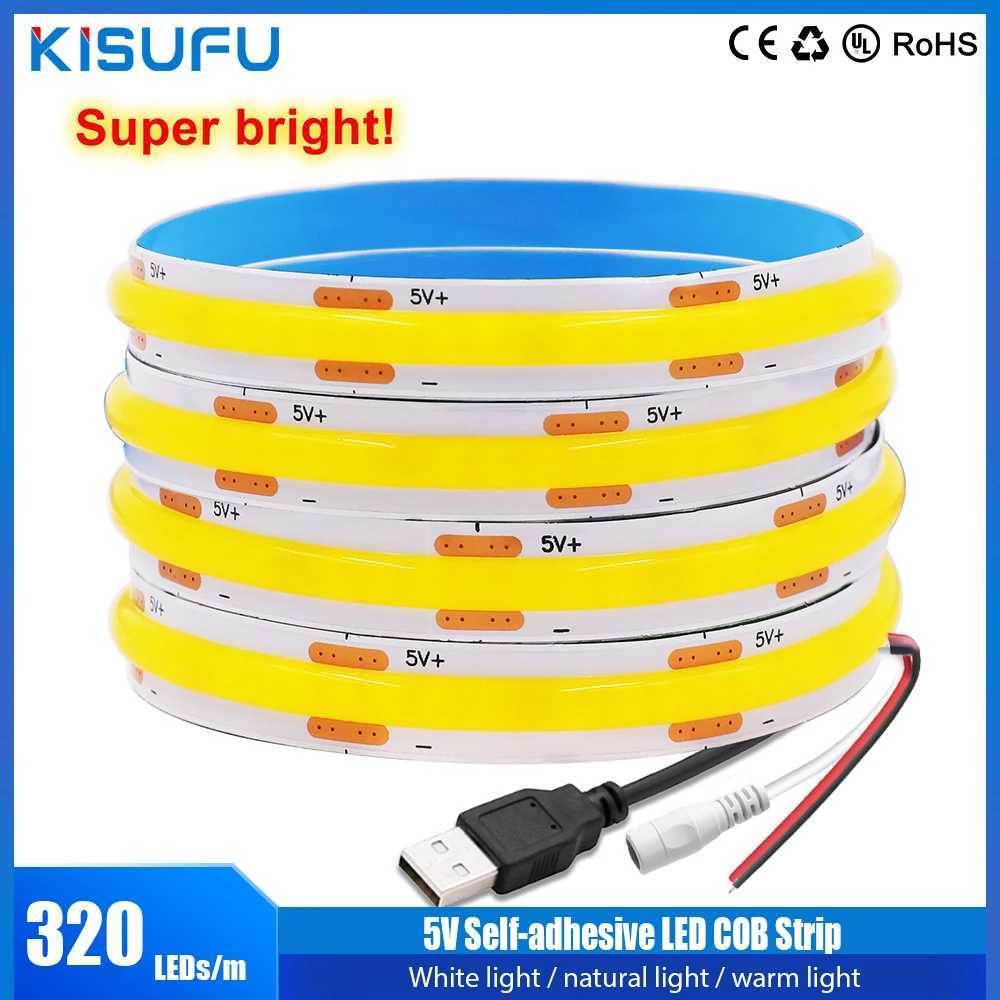 DC5V USB COB LED Strip Light 8MM PCB Flexible Adhesive Tape 320LEDs/m TV Background Lighting Night Lamp 1- 5m With DC/2Pin Wire W250701