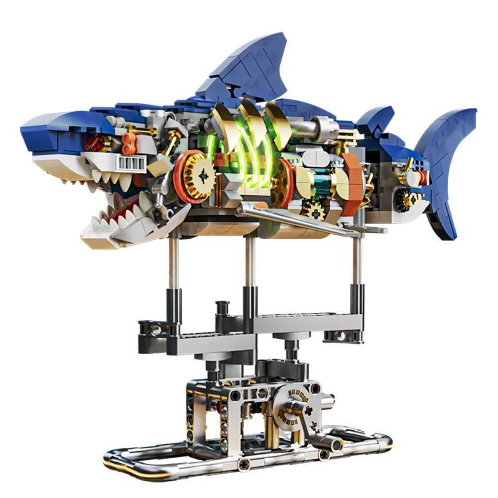 Mechanical Shark Building Set Shark Sea Life Building Blocks Set with Display Stand and Lights Block Gift for Kids and Adults XJ250702