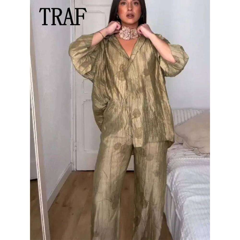 hoodie Women's Wear Print Long Sets For Women Lapel Half Sleeve Single Breasted Shirts + High Waist Lace-Up Wide Leg Pants jacket