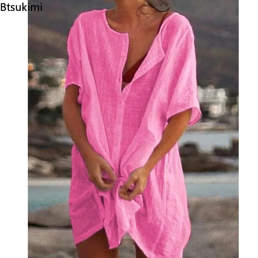 2025 Womens Cotton Linen Beach Dress Solid Summer Casual Cover-ups Midi Dresses Soft Loose Tunics Female Shirt Dress Robe S-5XL 250702