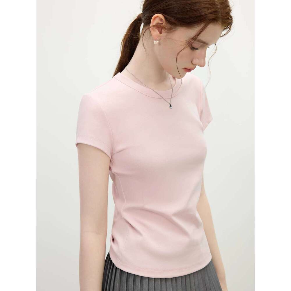 hoodie Wear FSLE Minimalism Style Pink Straight Shoulder Short-Sleeved T-Shirt For Women Summer New Slim Fit Round Neck Top 25Fs12113 jacket
